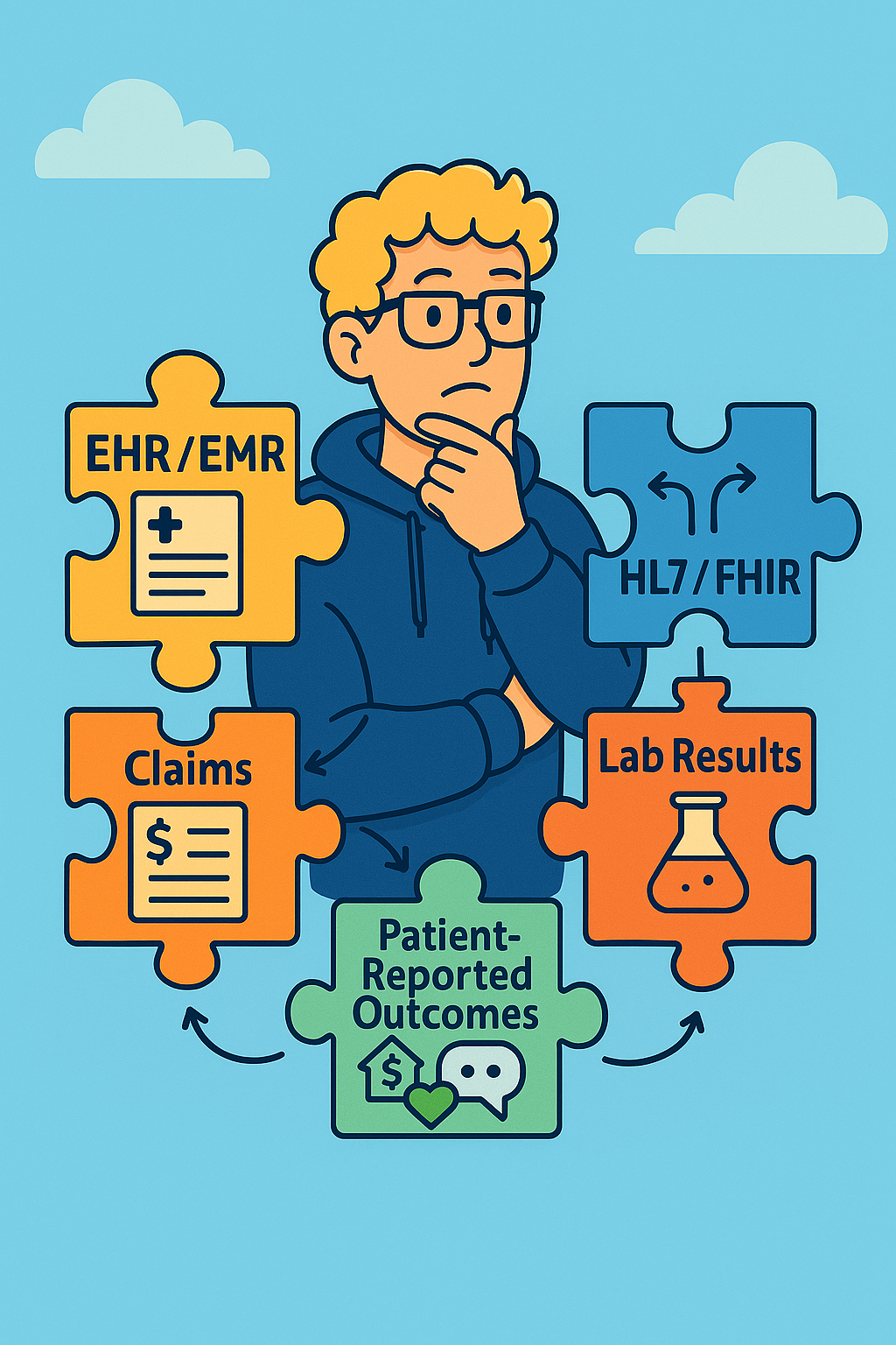 Illustration of a healthcare data analyst assembling puzzle pieces labeled EHR, claims, FHIR, labs, SDOH, and patient outcomes.