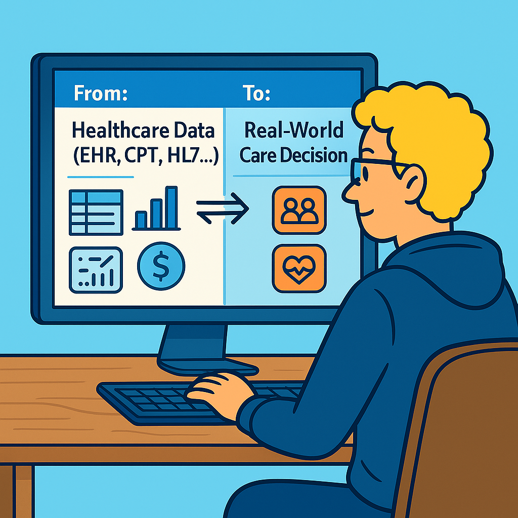 Illustration of a healthcare data analyst translating complex medical data into real-world care decisions using a split-screen translator interface.