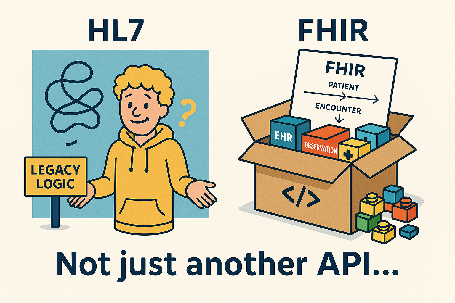 Cartoon comparing HL7 and FHIR: HL7 shown as a confusing maze with a puzzled man, FHIR as a box of colorful blocks with clear instructions.