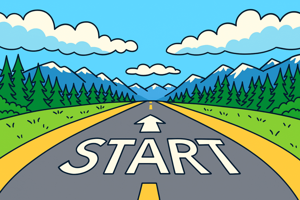 Illustration of a road labeled START leading toward mountains — symbolizing the beginning of a journey in healthcare analytics